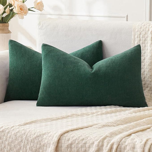 MIULEE Dark Green Couch Pillow Covers 12x20 Inch, Set of 2 Soft Chenille Decorative Lumbar Throw Pillow Covers Christmas Farmhouse for Sofa Living Room Bed
