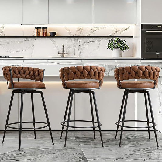 Brown Bar Stools Set of 3, 28 Inch Counter Height Bar Stool with Metal Legs, 360° Swivel Barstools with Woven Back Leather Upholstered, Modern Chair for Kitchen Island, Cafe