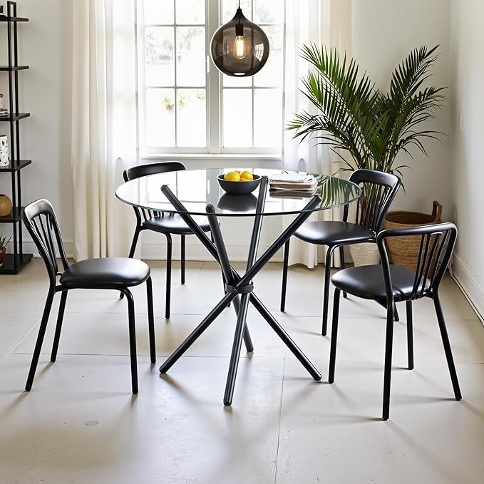 Kitchen Table for 2 Modern 36.6" Round Glass Table Small Tables with Trestle Metal Leg for Living Room and Apartment, Black