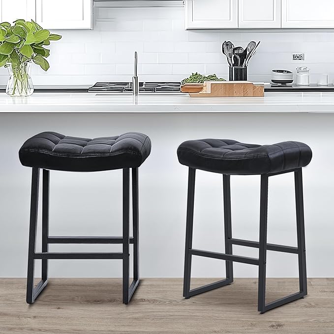 Black Modern Bar Stools Set of 2 for Kitchen Counter 24 inch Counter Height Backless Barstools with Upholstered Faux Leather Saddle Seat and Metal Frame Industrial Bar Chairs