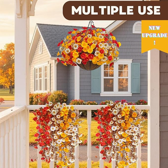 8PCS Artificial Fall Hanging Flowers for Outdoor, Fake Silk Petunias Plants, Fake Mums, Fall Outdoor Decoration, UV Resistant, Morning Glorias, for Home Garden Porch Decor (Early Harvest)
