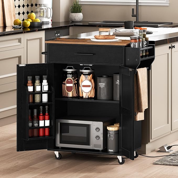 HOOBRO Kitchen Island with Power Outlet, Kitchen Island Storage Island with Large Worktop, Spice Rack and Drawer, Rolling Kitchen Cart on Wheels, for Kitchen and Dining Room, Rustic Brown and Black