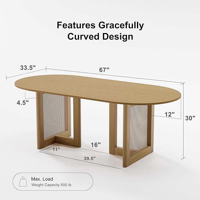 Casaphoria 67" Dining Table for 6, Wood Kitchen Table with Scratch-Resistant Top & Rattan Base, Modern Farmhouse Oval Dining Table for Living Room, Kitchen, Easy Assembly, Oak (Chairs not Included)