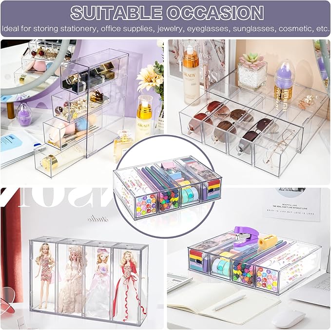 Desk Organizer with 4 Drawers, FODIENS Stackable Desktop Storage Box with Removable Drawer, Clear Sunglasses Organizer Display Case for Stationery Marker Pens Eyeglasses Office Supply