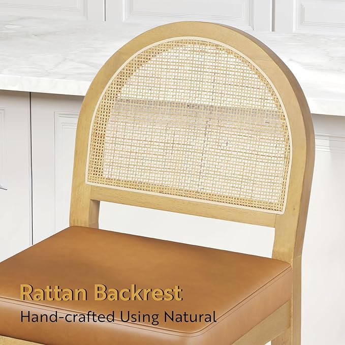 STHOUYN Upholstered Rattan Bar Stools Set of 2, Wooden Counter Height Bar Stools with Natural Rattan Woven Back and Faux Leather Seat, Mid-Century Modern Island Chairs Barstools for Kitchen (2, Brown)