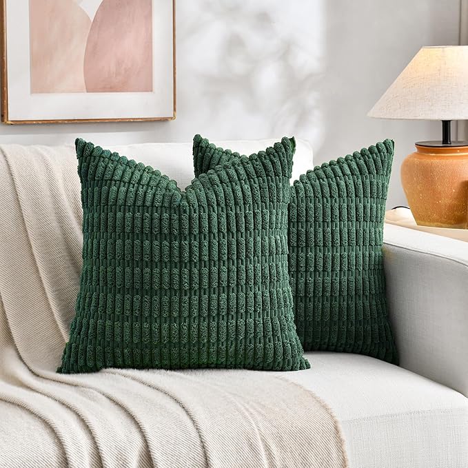 Fancy Homi 4 Packs Hunter Green Decorative Throw Pillow Covers 20x20 Inch for Couch Bed Sofa, Forest Green Boho Home Decor, Soft Plush Corduroy Cute Emerald Green Square Cushion Case 50x50 cm