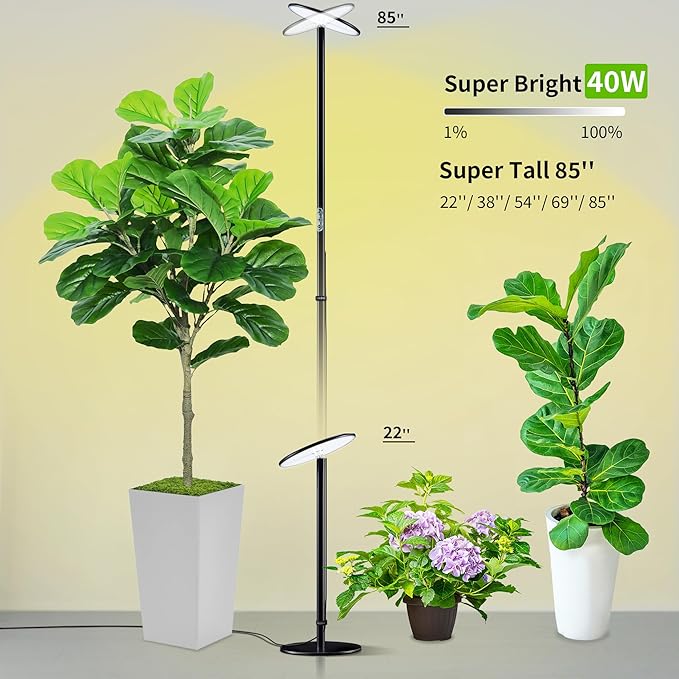 chiphy Grow Lights, 85" Full Spectrum Plant Light for Indoor Plants, 40W Grow Lamp, 10 Dimmable Brightness, Height Adjustable, Ideal for Large Tall Plants