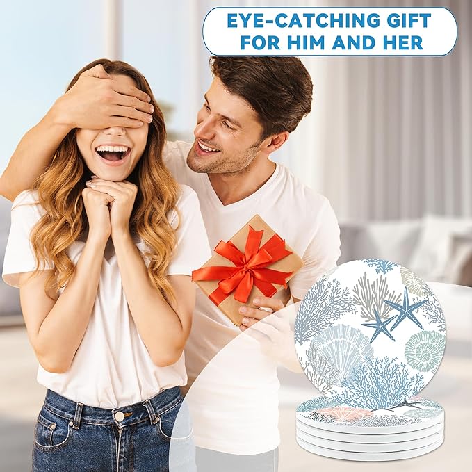 Seashell Coasters Set of 4, Starfish Beach Theme Round 4" Cup Coasters with Cork Base, Absorbent Ceramic Stone Coaster for Table Home Décor, Ideal Gifts for Women Men