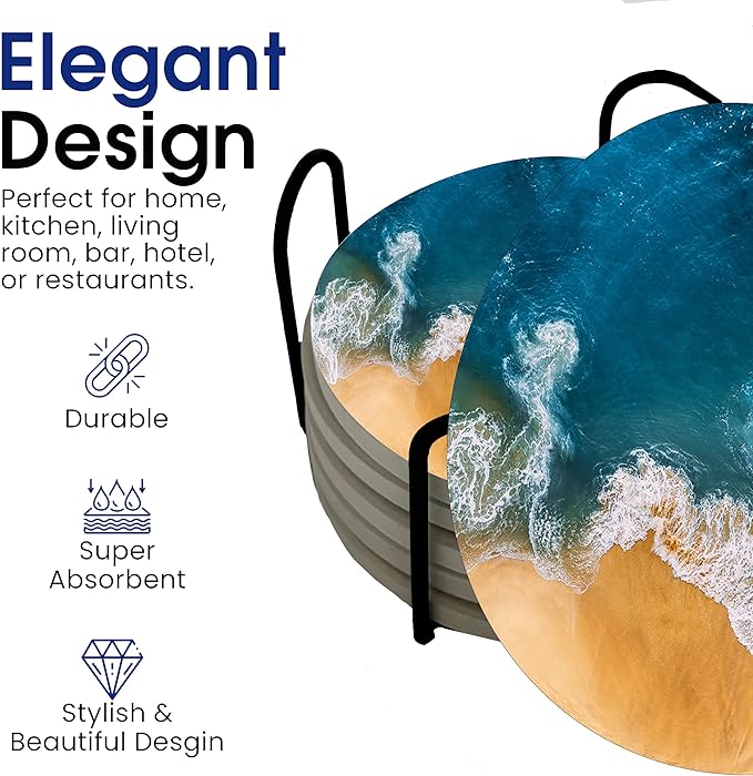 Ocean Coastal Theme Round Coasters Set of 6 - Abosrbent Ceramic Coasters with Metal Stand for Drinks, Beer, Coffee, Non-Slip Cork Back for Tabletop Protection, 4 Inches (Waves)