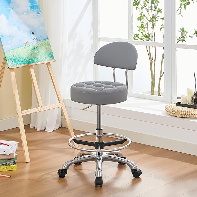 Tattoo Chair for Artist (Ergonomic Backrest and Footrest) (Quiet Wheels and Aluminum Base) Swivel Shop Stool (Gray)