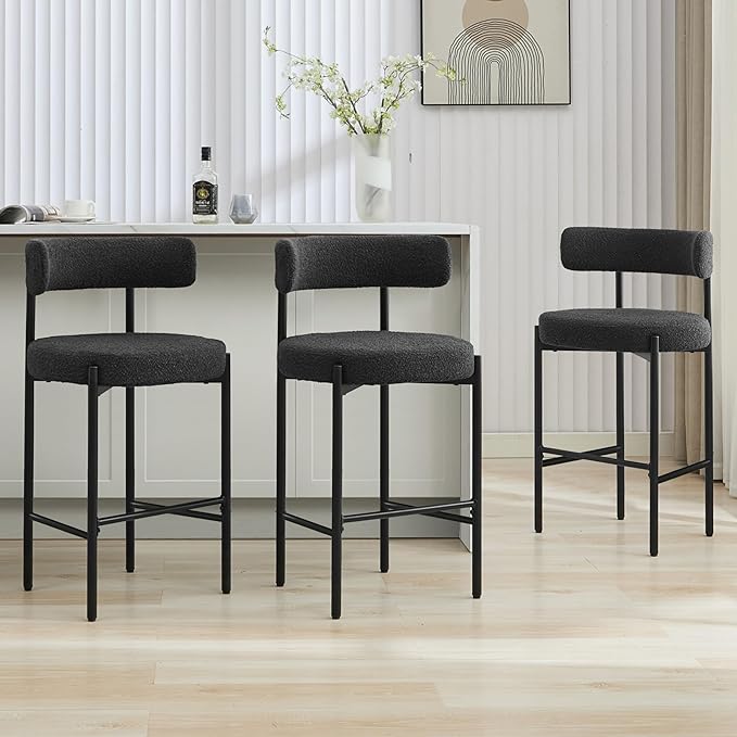 28'' Boucle Bar Stools Set of 3, Black Bar Stools with Backs, Counter Height Bar Height Stools for Kitchen Island, Upholstered Bar Chairs