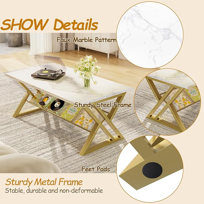 Coffee Table Living Room Table with Storage Shelf, White Table Simple Modern Faux Marble Rectangular Tables with Sturdy Gold Metal Frame,Industrial Wooden Coffee Table for Bedroom Home Office