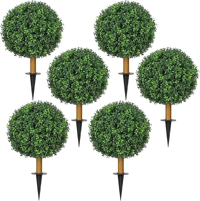 6 Pack Fake Plants with Spike, 25.6'' UV Resistant Artificial Boxwood Topiary Ball Tree, Faux Greenery Shrubs Fake Shrubs for Outdoors Indoors Home Docer Front Door Proch Decor