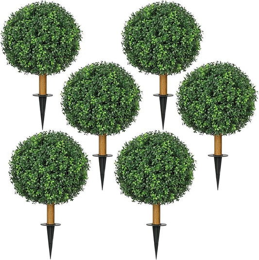 6 Pack Fake Plants with Spike, 25.6'' UV Resistant Artificial Boxwood Topiary Ball Tree, Faux Greenery Shrubs Fake Shrubs for Outdoors Indoors Home Docer Front Door Proch Decor
