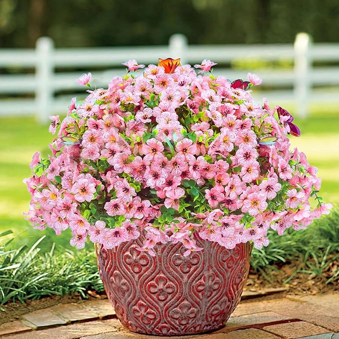 ‌20 Bundles Artificial Flowers for Outdoors‌ with 6 Faux Butterflies, UV Resistant ‌Fake Flowers‌ with Eucalyptus Leaves, ‌Artificial Plants Outdoor‌ for Patio Garden Porch Home Decor (Pink)