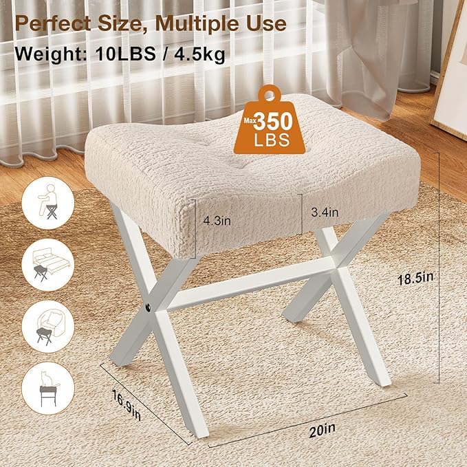 18-Inch Large Vanity Stool Chair, Vanity Bench with Metal X-Legs, Ottoman Accent Stool with Breathable and Soft Boucle Fabric Saddle Seat, Beige