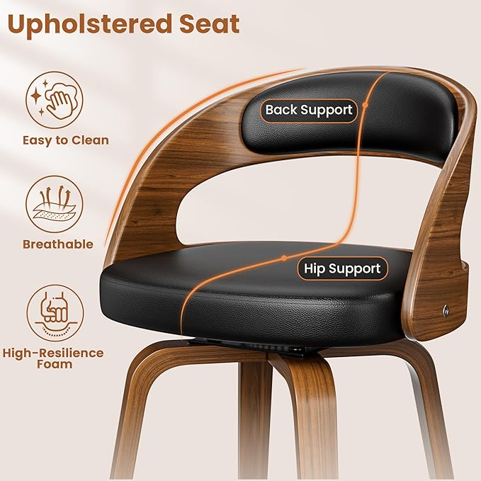 Swivel Bar Stools, 26" Upholstered Counter Height Bar Stools with Bentwood Legs and Low Back, Mid Century Modern Faux Leather Bar Chairs for Kitchen Island, Dining Room, Black