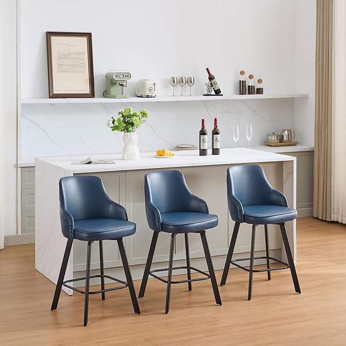 Bar Stools Set of 3, 26" Swivel Counter Height Bar stools with High Back, Faux Leather Kitchen Barstools Counter Height for Kitchen Island (Navy Blue, 3PCS 26" Counter Stools)