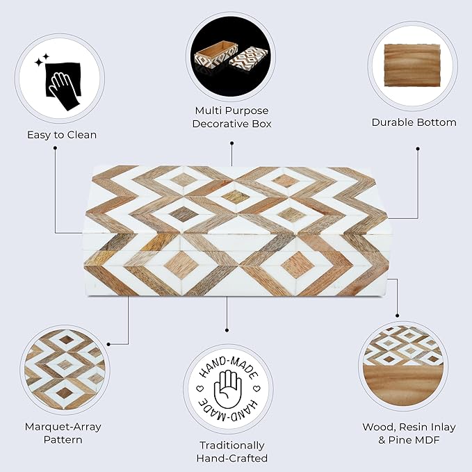 Handicrafts Home Handmade Decorative Storage Box with Lid - Jewelry Organizer, Keepsake Holder & Gift Box, Decor, Marquet Array Pattern Made with Resin Inlay & Wood,cajas organizadoras –10X4.5X2.5 In