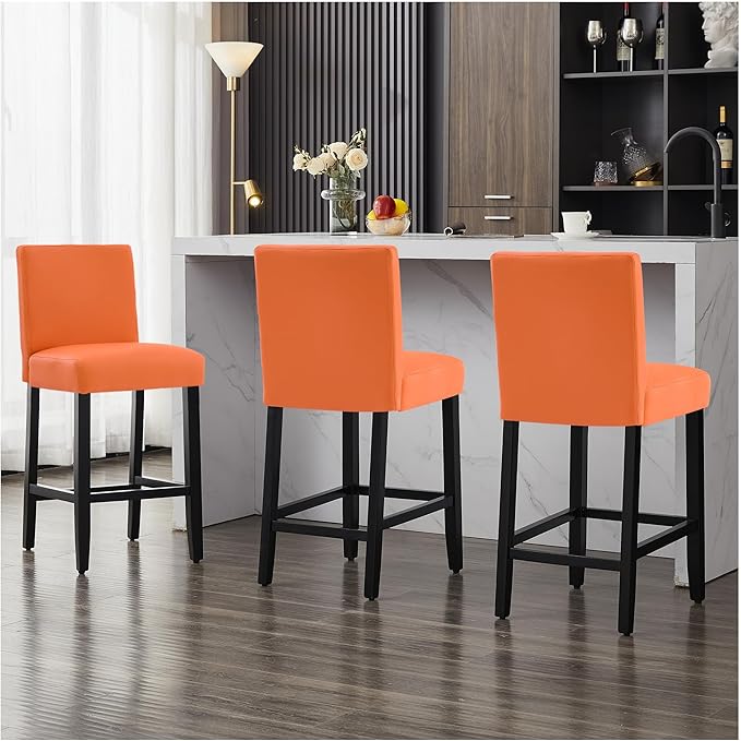 26'' Faux Leather Bar Stools, Modern Upholstered Bar Chairs with Back, Soild Wood Legs Barstools for Kitchen Island, Orange