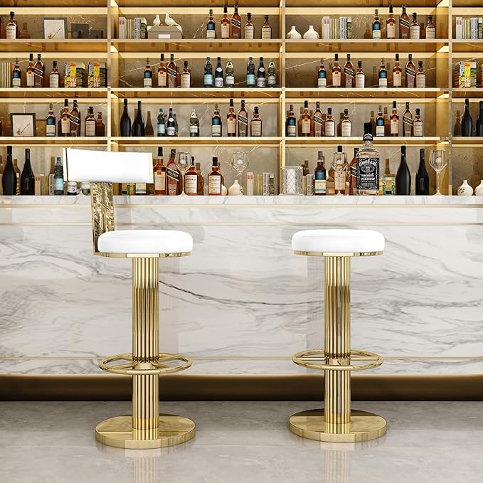 FUNROLUX Counter Height Bar Stools with Back, Modern Adjustable Height Barstools Swivel Bar Chairs with Polished Gold Stainless Steel Legs and Comfortable Cushion for Kitchen Island Counter (White)