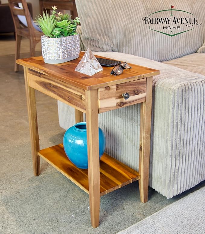 2-Tier Solid Acacia Recliner Table w/Drawer