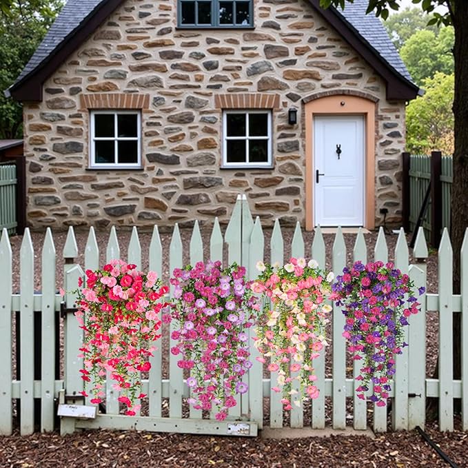 7 Color Mix Artificial Hanging Flowers for Outdoor, 8 Pcs Fake Silk Petunias Plants Arrangement, for Spring Summer Outdoor Decoration, UV Resistant, Morning Glorias,for Home Garden Decor (PinkPurple)