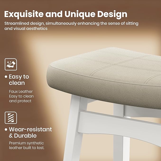 PHI VILLA Bar Stools Set of 3,Solid Wood Legs Counter Height Barstools with Upholstered Saddle Seat, 24 inch Kitchen Counter Island Stools