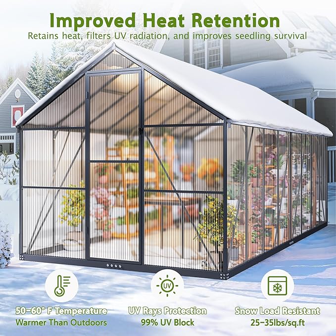 Wanan 8x16FT Greenhouses for Outdoors, Quick Assembly Polycarbonate Green House with UV Protection, Heavy Duty Windproof Aluminum Frame, Adjustable Roof Vent for Backyard or Outdoor Garden Use