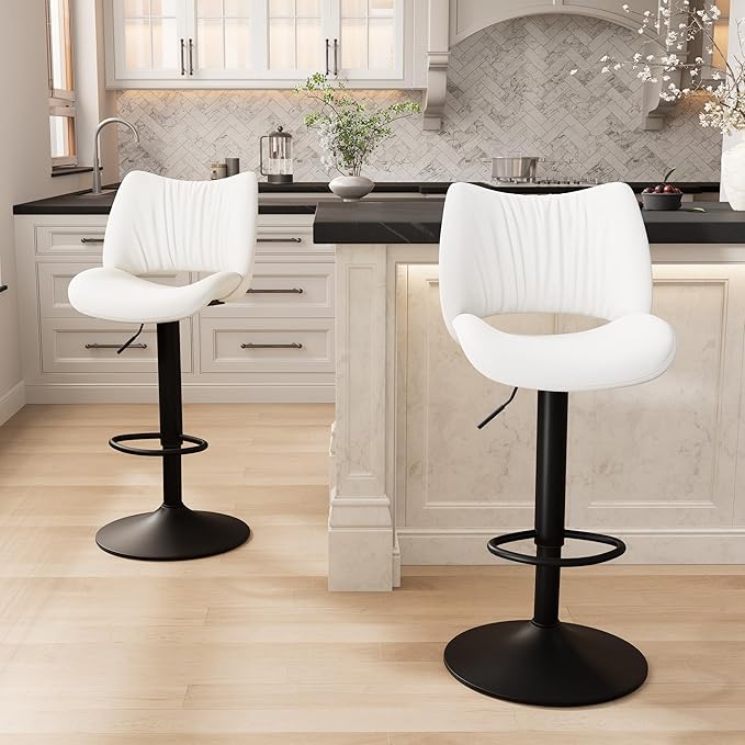 YOUNIKE Modern Bar Stools Set of 2, White PU Leather Upholstered Barstools, Swivel Adjustable Armless Counter Stool, Ergonomic Hollow Mid Backrest Bar Chair for Kitchen Island, Home Bar Counter