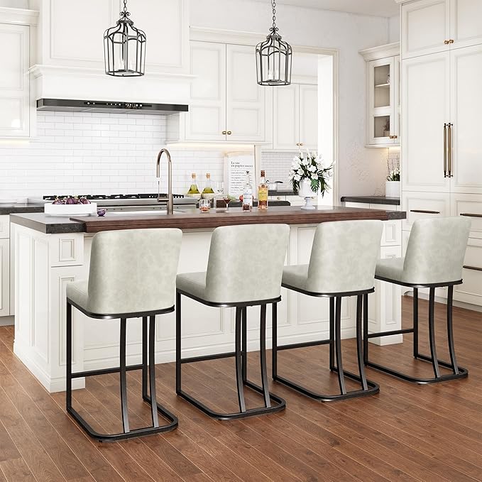 PHI VILLA Light Grey Bar Stools Set of 2, Faux Leather Counter Height Chairs, Kitchen Stools for Island, 24 Inch Barstools with Back