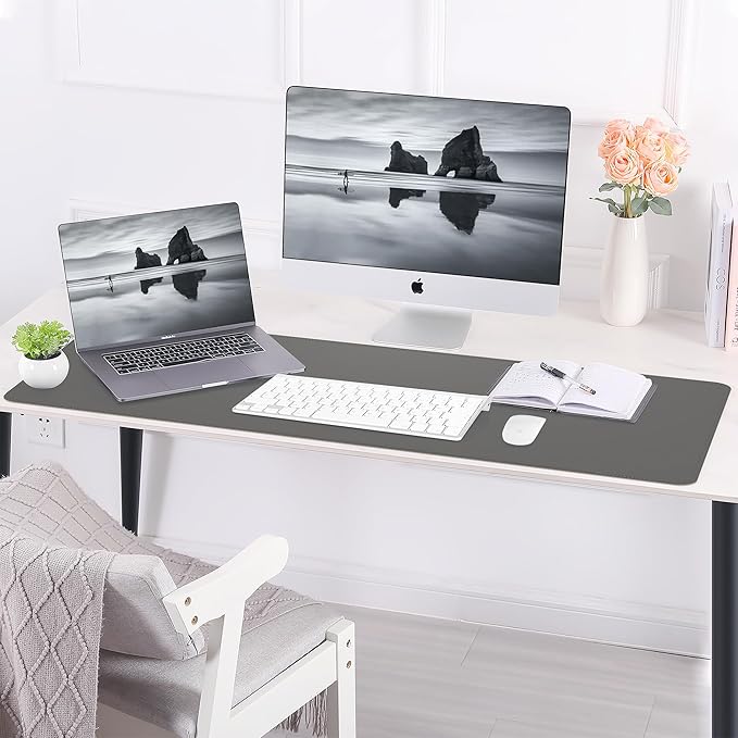 Leather Desk pad Protector, Large Desk mat with Natural Cork & PU Leather,Mouse pad,Non-Slip Office Desk Mat,Waterproof Desk Writing Pad for Office and Home (47in*17in,Dark Grey)