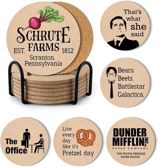 Funny The Office Coasters for Drinks - The Office Merchandise Coasters Set of 6 with Holder, The Office TV Show Gifts for Coffee Table, The Office Gifts for Man Women Fans