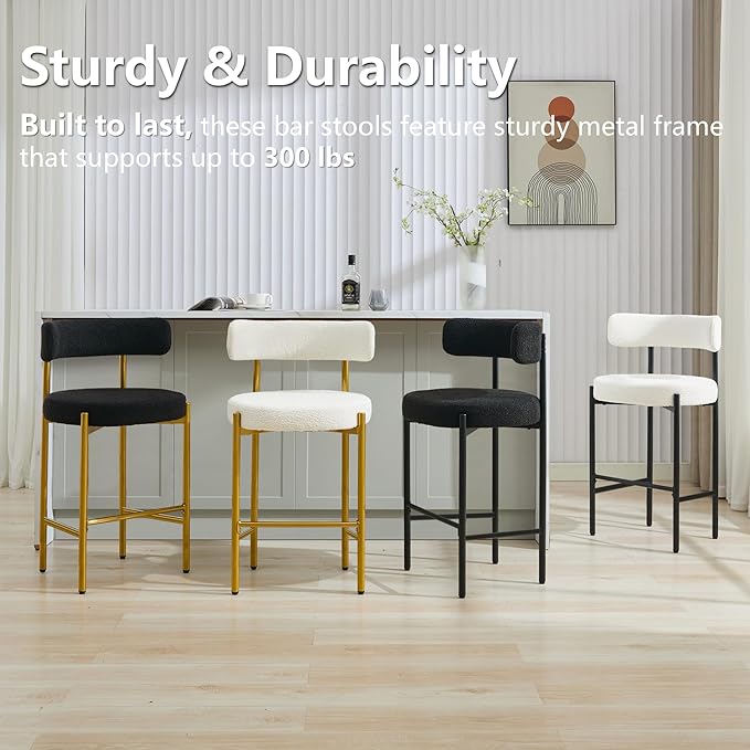 28'' Boucle Bar Stools Set of 4, White Bar Stools with Backs, Bar Height Stools for Kitchen Island, Upholstered Bar Chairs with Gold Legs
