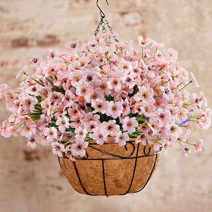 Uieke 72 Bundles Artificial Flowers for Outdoors UV Resistant Fake Silk Flowers No Fade Greenery Shrubs Plants for Outside Planter Home Garden Porch Window Box Spring Summer Décor (Pink)