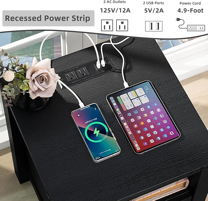 Night Stands with Charging Station Set of 2, Farmhouse Nightstand, Wooden Bedside End Tables with 2 Drawers and Open Shelf, Bed Side Table for Bedroom, Living Room, Closet, Office (Black)