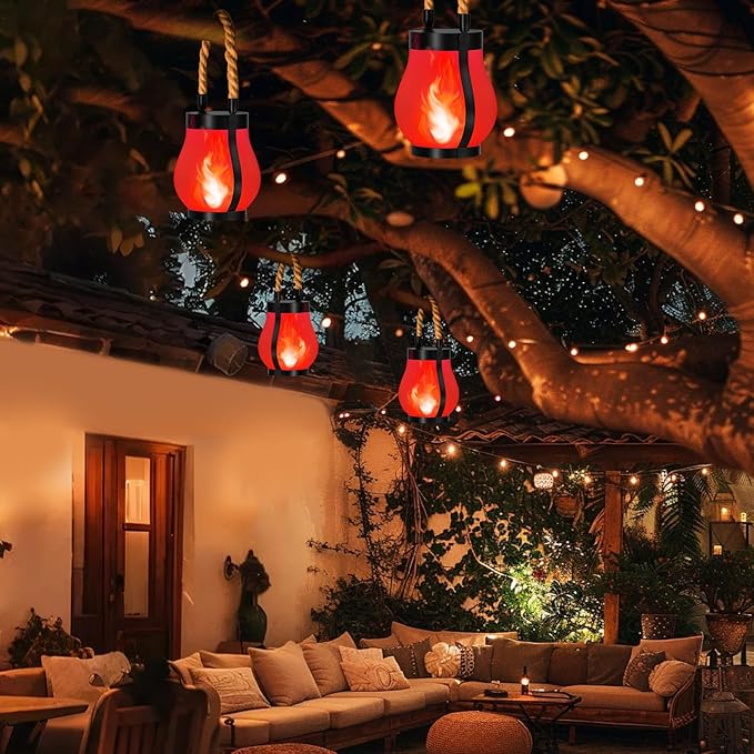 Hompavo Gen2 Solar Lanterns Outdoor Waterproof with Realistic Flickering Flame, Dual Charging (USB/Solar) & 2 Modes - Decorative Hanging/Table Lights for Patio Garden Porch Halloween Decor, 2/Red