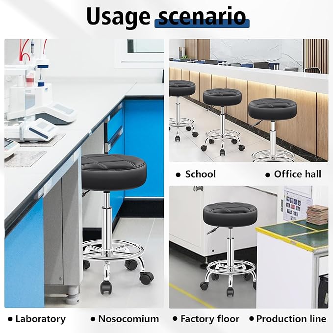 Rolling Stool with Wheels, PU Leather Small Office Chair with Foot Rest,Versatile Adjustable Swivel Stool for Tattoo Massage Salon Spa Teach Medical Facial Office Home Work Kitchen