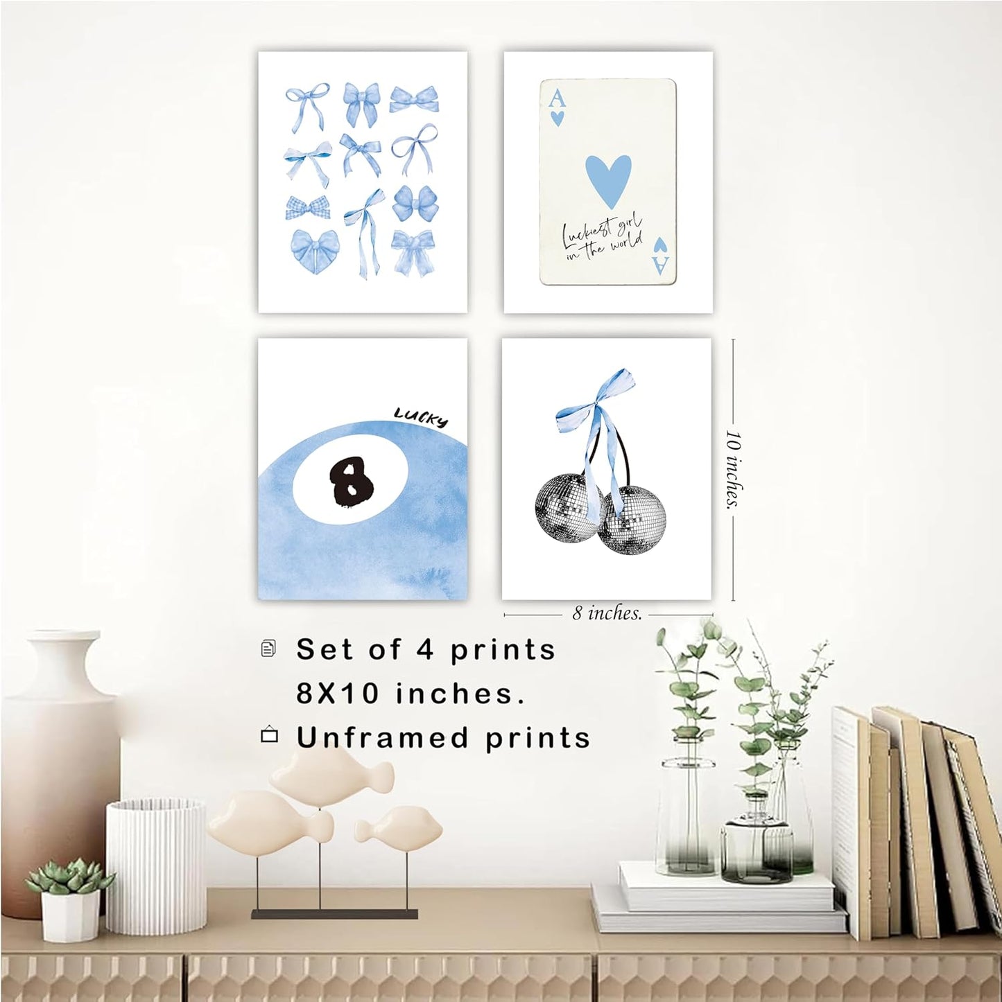 okaxscm Light Blue Coquette Trendy Preppy Wall Art Prints Set of 4, Coquette Preppy Room Decor, Blue Bow Disco 8 Ball Cherry Wall Decor Posters for Girls Bedroom Dorm, 8x10 Unframed