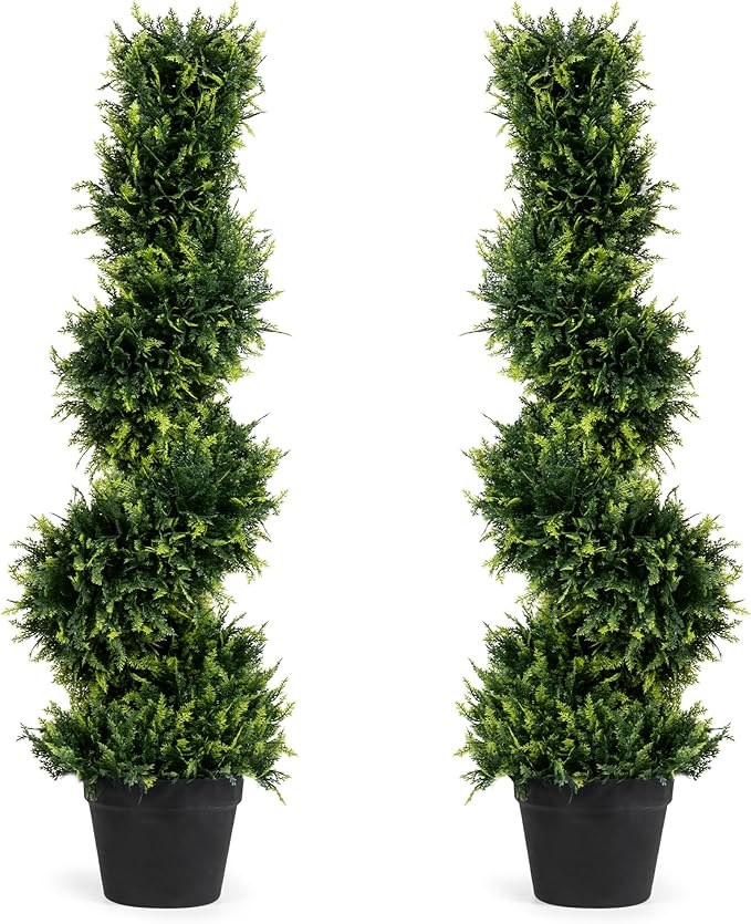 2-Pack Faux Cedar Spiral Topiary Trees - 3.2ft Tall - Planter Included - Artificial Trees for Indoor or Outdoor - Realistic Design with Dense Green Foliage - UV-Protected & Weather-Resistant Plants