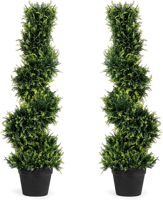 2-Pack Faux Cedar Spiral Topiary Trees - 3.2ft Tall - Planter Included - Artificial Trees for Indoor or Outdoor - Realistic Design with Dense Green Foliage - UV-Protected & Weather-Resistant Plants