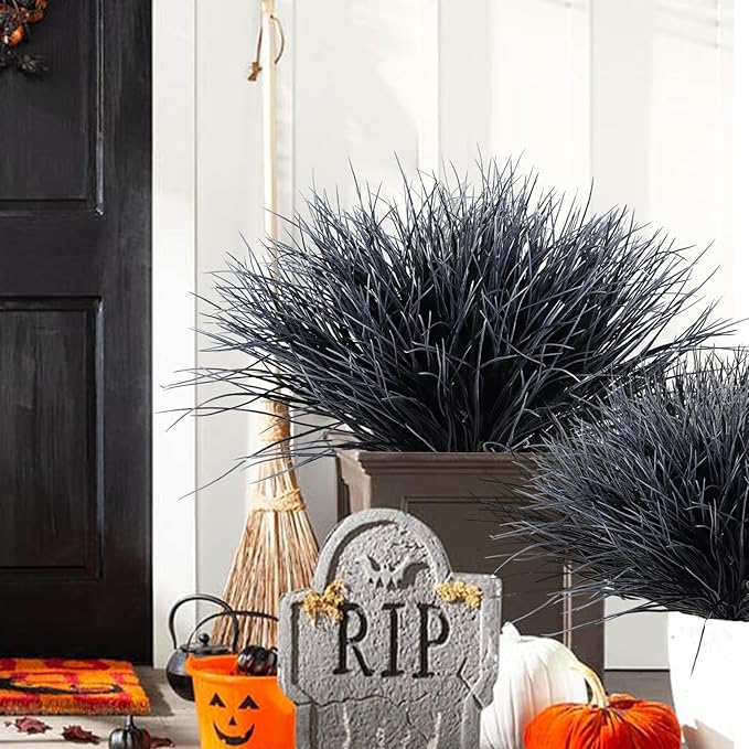 Black and White Plants Halloween Faux Flowers,Artificial Onion Grass Fake UV Resistant Outdoor Shrubs Plants Flowers Greenery Stems Faux Wheat Grass for Garden Home Window Box Porch Decor(Black White)