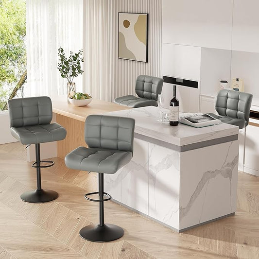 Modern Bar Stools Set of 4, Faux Leather Upholstered Swivel Bar Stools, Adjustable Counter Height Bar Chairs with High Back and Footrest for Kitchen Island (Dark Grey)