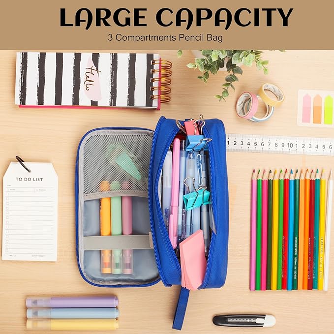 Pencil Case Big Capacity Pen Pouch Large Storage Holder Marker Pen Bag Durable 3 Compartment School Office Desk Organizer Portable Cute Zipper Stationery for Kids Teen Student Boys Girls Adults