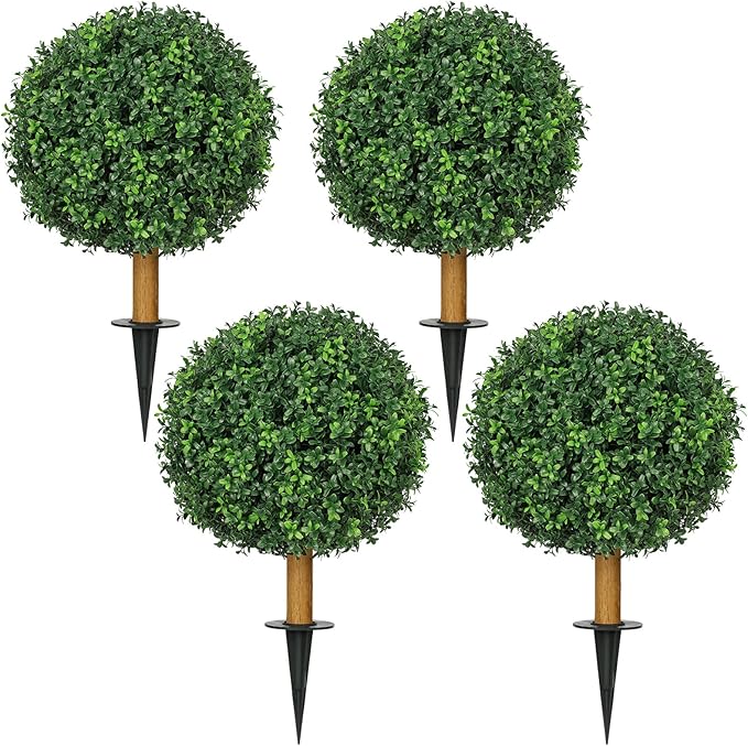25.6'' Fake Plant Home Decor, UV Resistant Artificial Outdoor Topiary Ball Tree, Lifelike Outdoor Faux Plants with Spike, Easy to Install Boxwood Balls Fake Tree, Set of 4
