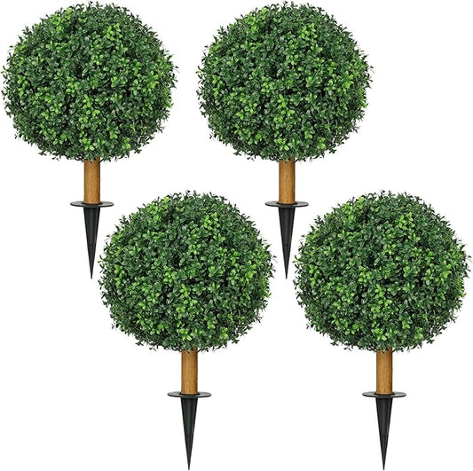 25.6'' Fake Plant Home Decor, UV Resistant Artificial Outdoor Topiary Ball Tree, Lifelike Outdoor Faux Plants with Spike, Easy to Install Boxwood Balls Fake Tree, Set of 4