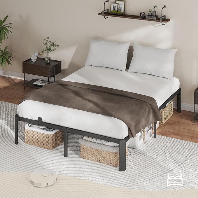 Metal Bed Frame Full Size, 14 Inch 3500 lbs Heavy Duty Platform Bed FramesSteel Slats Noise Free No Box Spring Needed, Easy Assemble Sturdy Bedframe Rounded Corner with Storage and Mattress Retainers
