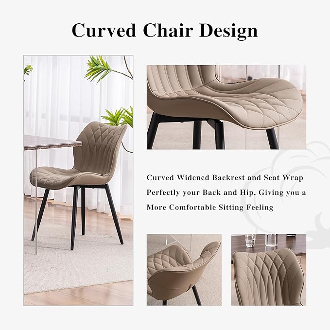 YOUNIKE Dining Chairs Set of 2, Upholstered Leather Kitchen Dining Room Chairs, Modern Living Room Chairs with Wide Curved Back and Metal Legs, Khaki Taupe