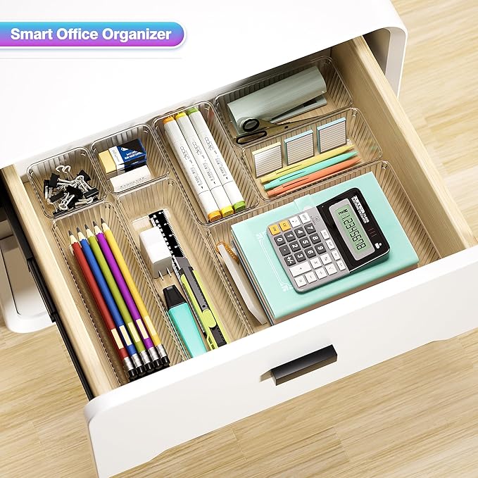47 PCS Clear Plastic Drawer Organizer Set - 4 Sizes Makeup Organizer Desk Drawer Divider Bathroom Organizers and Storage Bins for Makeup, Jewelry, Gadgets, Office, Kitchen, Bedroom, Bathroom