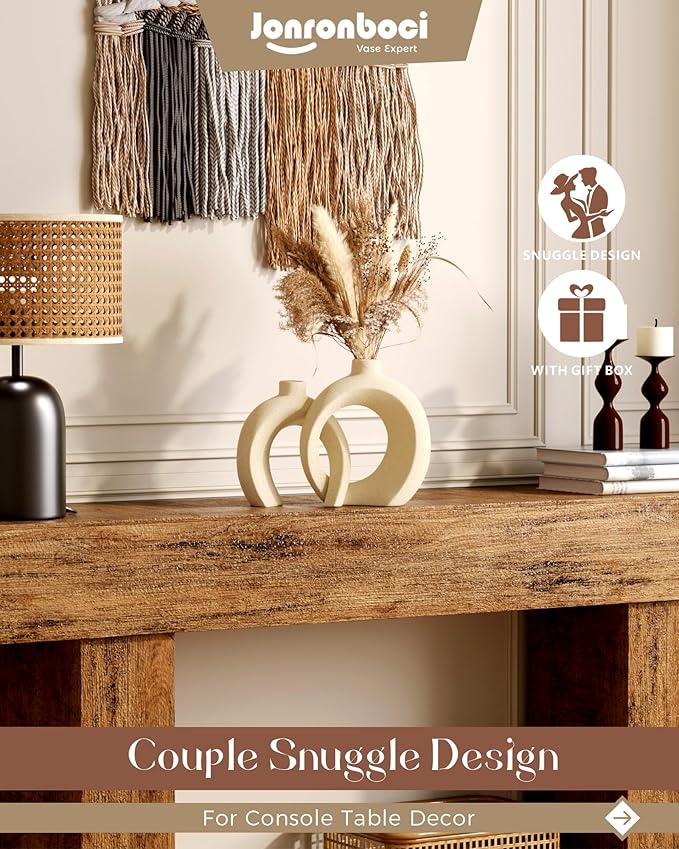 Embrace Donut Vase for Decor, Set of 2 - Modern Design, Boho Style, Beige Natural Ceramic, Decorative Vases for Flower - Home Decor Aesthetic — 7.2" X 8.9" H (Matte Cream White)